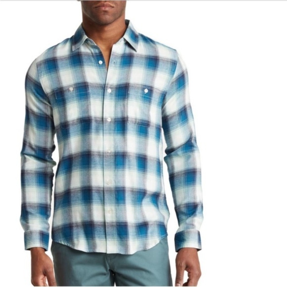 Ben Sherman Peached Twill, Blue Plaid, Button Up, Long Sleeve, Size XL, Like New